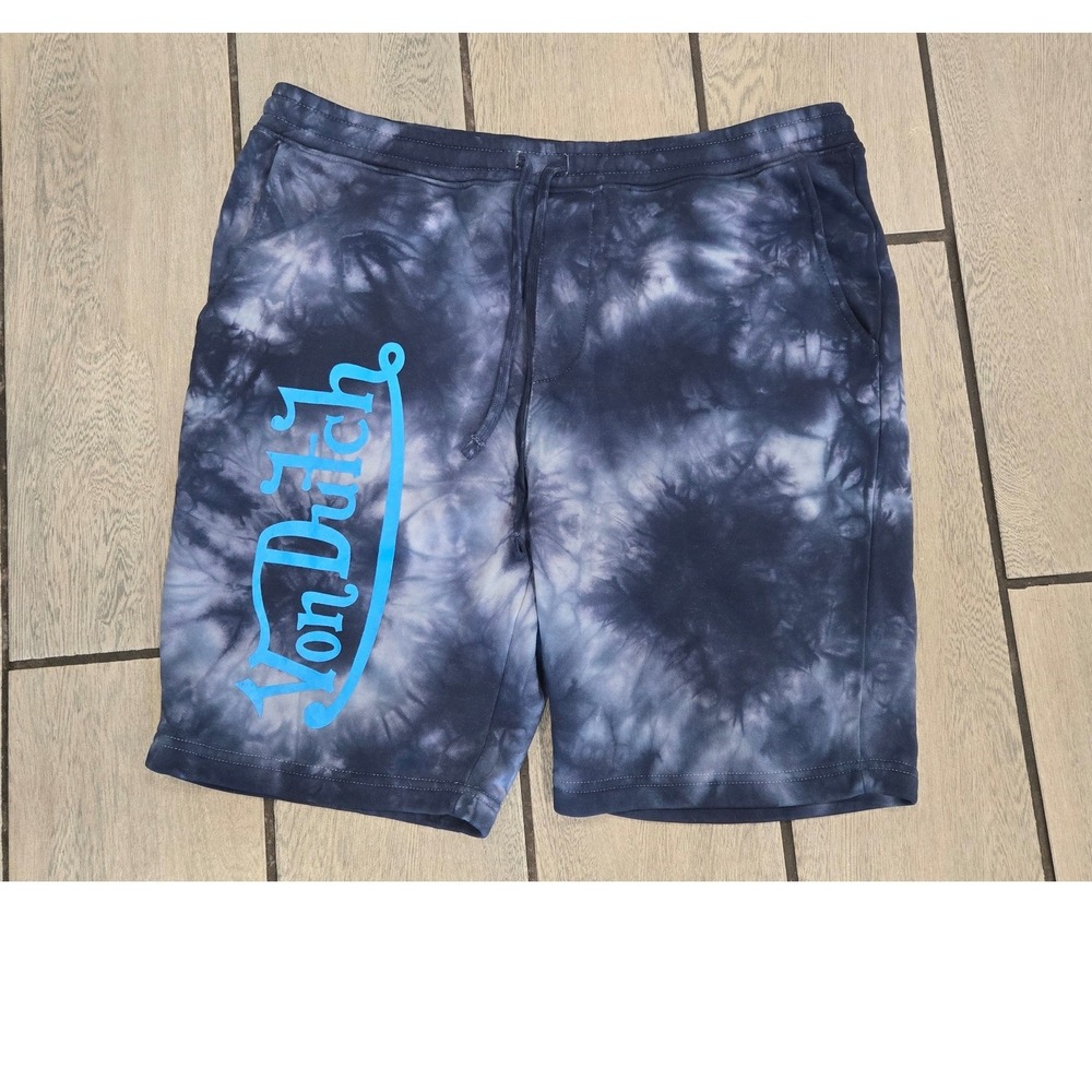 Von Dutch Mens Tie Dye Sweat Shorts Navy Blue XL Logo Fleece Lounge Streetwear